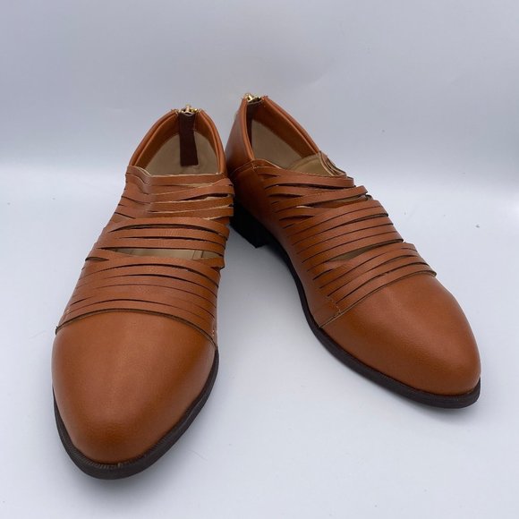 YDN Shoes - YDN Brown Flats Pointy Toe Caged Shoes With Zipper